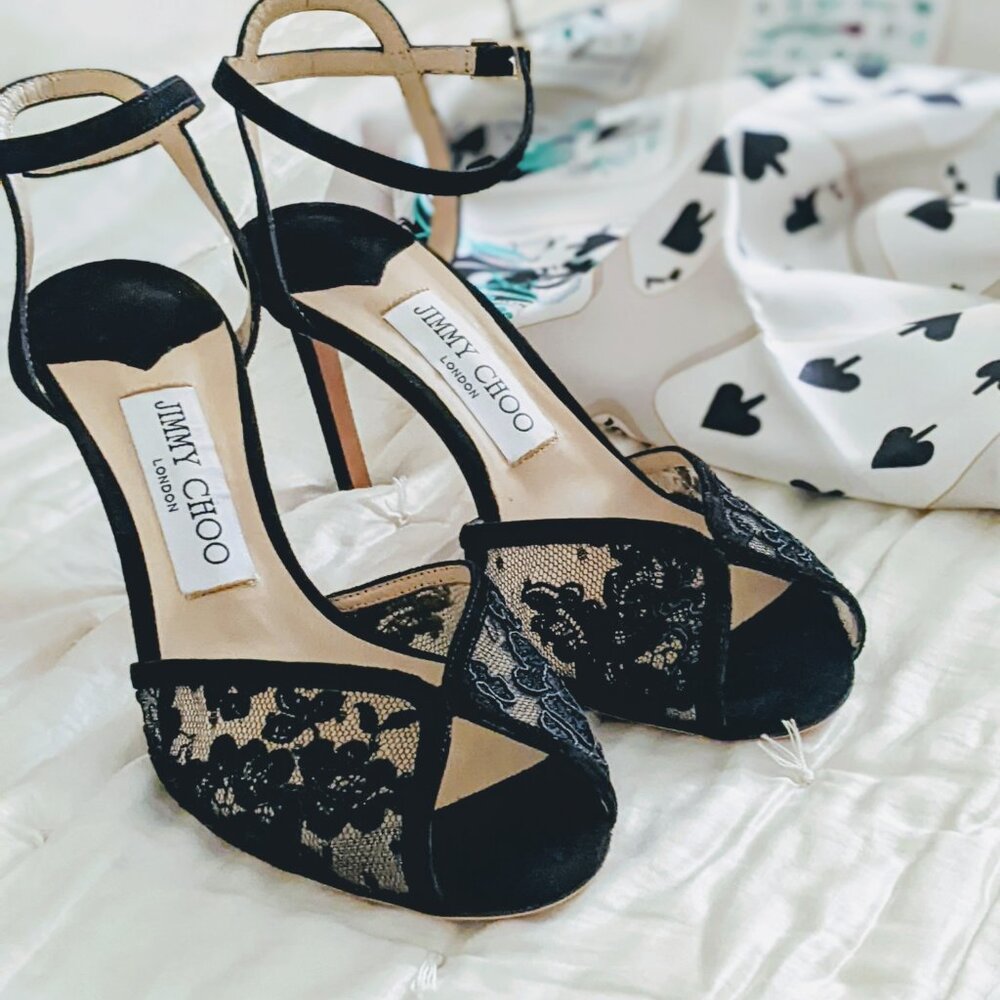 NWT, Jimmy Choo Sacora 85 Black Suede and Lace Peep Toe Ankle Strap Sandals - Picture 2 of 13